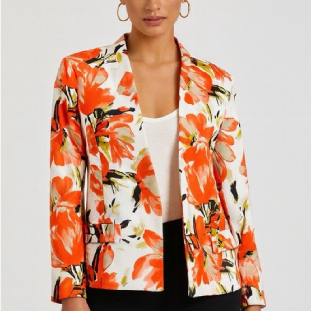 Kasper White Blazer with Bold Orange Floral Print 16 NWT